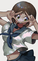  bad_id bad_pixiv_id blue_neckerchief blue_sailor_collar blue_skirt brown_eyes brown_hair commentary_request double_w female grey_background hands_up kill_la_kill looking_at_viewer mankanshoku_mako midriff neckerchief open_mouth partial_commentary pleated_skirt sailor_collar school_uniform serafuku shirt short_hair short_sleeves simple_background skirt solo teeth teigaso1 upper_body upper_teeth_only v_over_eye w white_shirt 