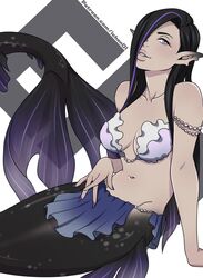  2021 black_hair breasts chalita_(ignitioncrisis) clothing female hair humanoid_merfolk humanoid_pointy_ears ignitioncrisis long_hair marine merfolk mermay navel not_furry smile solo split_form 