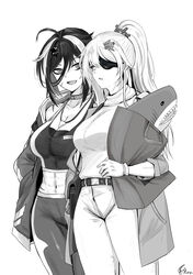  2girls ahoge animal_collar bag belt breasts cleavage collar commentary_request dated eyepatch feet_out_of_frame gloves grand_admiral_marina greyscale guardian_tales highres holding holding_bag jacket long_hair looking_at_another monochrome multiple_girls navel open_clothes open_jacket open_mouth pants ponytail scar scar_on_face shirt toned warlord_mercenary_orca white_background will2012tw 