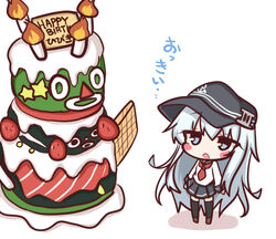  :o anchor_symbol birthday_cake black_hat black_sailor_collar black_skirt black_thighhighs blue_eyes blush_stickers brown_footwear bundt_(super_mario_rpg) cake chibi colored_shadow commentary_request female flat_cap food grey_hair hair_between_eyes happy_birthday hat hibiki_(kancolle) kantai_collection komakoma_(magicaltale) long_hair long_sleeves mario_(series) necktie open_mouth pleated_skirt red_necktie sailor_collar school_uniform serafuku shadow shirt skirt solo standing super_mario_rpg thighhighs translated very_long_hair white_background white_shirt 