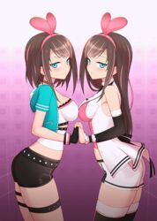  2girls :d alternate_costume alternate_hairstyle animated animated aqua_eyes aqua_jacket armpits bare_shoulders black_gloves black_necktie black_shorts black_sleeves blue_jacket blush bouncing_breasts bracelet breast_press breasts brown_hair choker collarbone cowboy_shot cropped_jacket detached_collar detached_sleeves dual_persona eyelashes fingerless_gloves frilled_cuffs frown gloves grin hairband half-closed_eyes heart heart_choker highres holding_hands hood hooded_jacket interlocked_fingers jacket jewelry kizuna_ai kizuna_ai_(a.i._games) kizuna_ai_inc. long_hair looking_at_viewer multicolored_hair multiple_girls necktie official_alternate_costume open_mouth paid_reward patreon_reward pink_choker pink_hair pink_hairband shirt short_hair short_necktie short_shorts shorts sidelocks skindentation sleeveless sleeveless_shirt smile spine_(medium) streaked_hair swept_bangs symmetrical_docking teeth thigh_strap thighhighs two-tone_hair virtual_youtuber waero white_legwear white_shorts wing_collar wrist_cuffs 