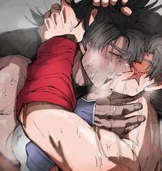  2boys anamogu_(kuro771017) bara bardock black_hair black_tank_top blush closed_eyes couple dark-skinned_male dark_skin dragon_ball dragon_ball_z highres kissing male_focus multiple_boys muscular muscular_male scar scar_on_cheek scar_on_face short_hair spiked_hair sweat sweatdrop tank_top tullece upper_body yaoi 