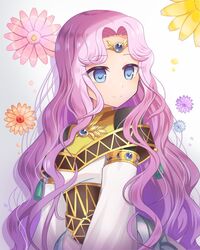  blue_eyes breasts circlet closed_mouth female fire_emblem fire_emblem:_thracia_776 flower hair_ornament jewelry long_hair looking_at_viewer looking_to_the_side purple_hair sara_(fire_emblem) shira_yu_ki smile upper_body 