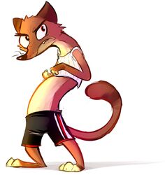  2016 anthro barefoot bottomwear brown_body brown_fur cheek_tuft clothed clothing disney duke_weaselton facial_tuft feet fur head_tuft light lighting male mammal mustelid musteline nexeron red_eyes shorts simple_background solo standing true_musteline tuft weasel whiskers white_background zootopia 