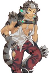  1boy abs animal_ear_request another_eidos-r bara body_fur chest_hair facial_hair feet_out_of_frame large_pectorals looking_at_viewer loose_clothes loose_shirt lute_(another_eidos) male_focus muscular muscular_male oerba_yun_fang official_art pants pectoral_cleavage pectorals red_pants sagami_jon shirt short_hair sidepec smile solo stomach stubble tail transparent_background 