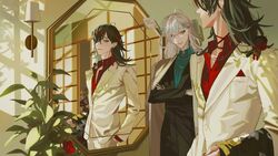  3boys absurdres ahoge black_hair black_nails blonde_hair blue_eyeshadow blue_hair box_tenshi closed_mouth club_(weapon) coat coat_on_shoulders collar_chain_(jewelry) crossed_arms earrings eyeshadow fingernails flower formal glasses green_eyes green_hair grey_hair hair_between_eyes hair_over_one_eye hand_in_pocket happy_birthday hat highres horns iamthekingofegg indoors jewelry lamp light_blue_hair long_hair makeup male_focus mirror multicolored_hair multiple_boys multiple_persona nijisanji nijisanji_en oni oni_giri_(vox_akuma) open_mouth orange_eyes plant potted_plant purple_eyes red_eyeshadow red_flower red_hair reflection single_earring smile spiked_club sticky_note suit sunglasses tassel tassel_earrings teeth tongue upper_teeth_only virtual_youtuber vox_akuma vox_akuma_(1st_costume) weapon white_suit window_shadow yellow_eyes yellow_horns 