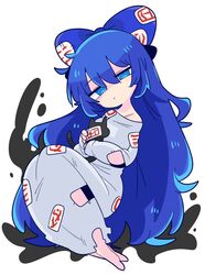  aura barefoot blue_eyes blue_hair bow commentary damaged dress female full_body grey_dress hairbow highres long_hair off_shoulder op_na_yarou simple_background solo stuffed_animal stuffed_cat stuffed_toy sunken_fossil_world symbol-only_commentary touhou white_background yorigami_shion 