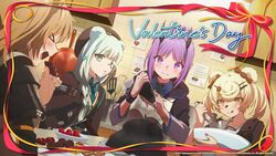  4girls animal_ears apron arknights blonde_hair blue_eyes blue_hair bow ceobe_(arknights) chocolate cookie food fruit glasses gummy_(arknights) hairbow hat hibiscus_(arknights) holding_pastry_bag horns istina_(arknights) multiple_girls official_art pastry_bag purple_eyes purple_hair strawberry yostar_pictures 