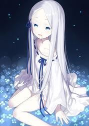  :d bare_shoulders blue_eyes blue_ribbon capriccio collarbone colored_eyelashes commentary dress feet_out_of_frame female forehead hair_ribbon long_hair looking_at_viewer open_mouth pandora_(re:zero) parted_bangs re:zero_kara_hajimeru_isekai_seikatsu ribbon ribbon_trim sitting smile solo very_long_hair wariza white_dress white_hair 