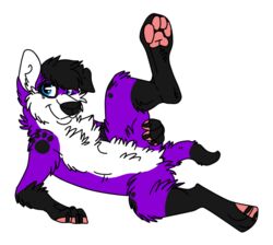  anthro canid canine canis ciapageadopts domestic_dog elkhound feet floppy_ears fur hair male mammal pawalo pawpads paws purple_body purple_fur raised_leg smile solo spitz 