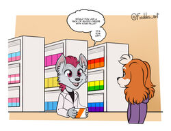  2022 anthro bird_dog canid canine canis clothing coat dialogue domestic_dog duo english_text floppy_ears fox freckles_(artist) fur grey_body grey_fur hair hoodie humor hunting_dog inner_ear_fluff lab_coat lgbt_pride lol_comments male male/male mammal multicolored_body multicolored_fur open_mouth open_smile orange_body orange_fur pansexual_pride_colors pecas_(freckles) pharmacist pharmacy pride_colors rainbow_pride_colors red_hair shreddy_(shreddyfox) six-stripe_rainbow_pride_colors smile spaniel speech_bubble text topwear transgender_pride_colors tuft two_tone_body two_tone_fur welsh_springer_spaniel white_body white_fur white_hair wide_eyed 