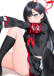  ;d absurdres armband black_gloves black_hair black_serafuku black_socks black_wings blue_archive blush cropped feathered_wings female gloves halo highres ichika_(blue_archive) knee_up kneehighs long_sleeves looking_at_viewer looking_to_the_side midriff_peek miniskirt neckerchief nonbire one_eye_closed pleated_skirt red_armband red_halo red_neckerchief school_uniform serafuku simple_background sitting skirt smile socks solo unusually_open_eyes white_background wings 