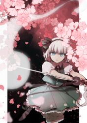  black_bow black_hairband bloomers bow bow_hairband cherry_blossoms commentary_request cowboy_shot female flower frown ghost_print glowing glowing_eyes green_eyes green_shirt green_skirt hairband hairbow holster katana kerok_(joniko1110) konpaku_youmu konpaku_youmu_(ghost) looking_at_viewer puffy_short_sleeves puffy_sleeves shirt short_sleeves skirt slashing solo sword touhou underwear weapon white_hair 