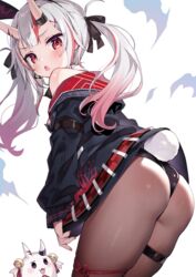  :&lt; adapted_costume animal_ears ass ayaoshiro black_jacket black_leotard black_ribbon blush fake_animal_ears fake_tail female from_side gradient_hair grey_hair hair_ribbon highres hololive horns jacket leotard looking_at_viewer multicolored_hair nakiri_ayame nakiri_ayame_(streetwear) off_shoulder oni open_mouth pantyhose playboy_bunny rabbit_ears rabbit_tail red_eyes red_hair ribbon skin-covered_horns solo standing streaked_hair tail thigh_strap twintails variant_set virtual_youtuber 