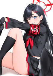  absurdres armband black_gloves black_hair black_serafuku black_skirt black_socks black_wings blue_archive blue_eyes blush commentary female from_side gloves halo highres ichika_(blue_archive) knee_up long_hair looking_at_viewer low_wings miniskirt nonbire parted_lips red_armband school_uniform serafuku simple_background sitting skirt socks solo thighs unusually_open_eyes very_long_hair white_background wings 