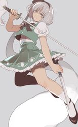  black_bow black_hairband bloomers bow dual_wielding dutch_angle female full_body ghost_print green_hair green_shirt green_skirt grey_background hairband highres holding katana kerok_(joniko1110) konpaku_youmu konpaku_youmu_(ghost) looking_at_viewer medium_hair muted_color puffy_short_sleeves puffy_sleeves shirt shoes short_sleeves simple_background skirt socks solo sword touhou underwear weapon white_hair white_socks 