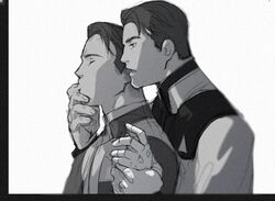  2boys clothed clothes connor_(detroit) detroit:_become_human formal male male_focus monochrome multiple_boys rk900 size_difference suit yaoi 