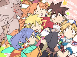  3boys 3girls breasts closed_mouth commentary_request dress elena_(grandia) grandia grandia_ii hamagurihime long_hair mareg_(grandia) millenia_(grandia) multiple_boys multiple_girls roan_(grandia) ryudo_(grandia) short_hair smile tio_(grandia) 