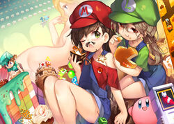  4girls :t ;o absurdres arch arm_at_side arm_support bare_arms bare_legs bent_over blinky_(pac-man) blonde_hair blue_overalls bob_(bubble_bobble) breasts brothers bub_(bubble_bobble) bubble_bath_babes bubble_bobble cake candle character_print character_request cheese chocolate_cake circus_charlie closed_mouth clyde_(pac-man) collarbone commentary_request creeper crossover dig_dug eating eyebrows eyelashes fake_facial_hair fake_mustache fish flag flat_chest food food_on_face genderswap_(mtf) giant giantess goomba green_eyes green_hat green_shirt hair_between_eyes hat highres holding holding_food hori_taizou ice_cream inky_(pac-man) item_box_(sonic) kaori_(parodius) kirby kirby_(series) knees_up light_brown_hair long_hair looking_at_another looking_at_viewer low_twintails luigi mario mario_(series) messy_hair minecraft multiple_crossover multiple_girls mushroom nude off_shoulder one_eye_closed overalls pac-man pac-man_(game) paper_airplane parodius pinky_(pac-man) pixelated pixels pooka_(dig_dug) purple_eyes red_eyes red_hat red_shirt red_toad_(mario) rule_63 sankyaku_tako shade shirt short_sleeves siblings single_letter sisters sitting small_breasts smile soft_serve sonic_(series) space_invaders star_(symbol) stick_figure super_mario_bros._1 super_mushroom t-shirt the_legend_of_zelda toad_(mario) tower triangle triforce twins twintails unbuckled 