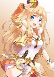  blonde_hair blue_eyes commentary_request cosplay cowboy_shot crown detached_sleeves female fur_trim gradient_background highres idolmaster idolmaster_cinderella_girls k-on! kotobuki_tsumugi long_hair looking_at_viewer mini_crown open_mouth orange_background party_time_gold_(idolmaster) salute shorts smile smirs solo star_(symbol) thick_eyebrows vest white_shorts 