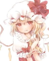  bebitera blonde_hair closed_mouth commentary_request cookie female flandre_scarlet food hat hat_ribbon holding licking_lips light_smile long_hair looking_at_viewer mob_cap red_eyes red_ribbon ribbon solo tongue tongue_out touhou upper_body white_hat wings wrist_cuffs 