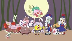  6+girls bamboo black_eyes black_hair blue_dress bow buck_teeth cape carrot_necklace claws commentary_request cosplay dress flying frown fujiwara_no_mokou fujiwara_no_mokou_(cosplay) full_moon gary_(spongebob_squarepants) green_hair hair_ornament hair_ribbon hairbow hat houraisan_kaguya houraisan_kaguya_(cosplay) imperishable_night inaba_tewi inaba_tewi_(cosplay) jellyfish jellyfish_(spongebob_squarepants) jewelry kamishirasawa_keine kamishirasawa_keine_(cosplay) laughing long_hair long_sleeves moon mr._krabs multiple_girls mystia_lorelei mystia_lorelei_(cosplay) necklace necktie night nurse_cap open_mouth parody patrick_star pendant pink_hair red_eyes reisen_udongein_inaba reisen_udongein_inaba_(cosplay) ribbon sandy_cheeks sheldon_j._plankton shell shoes short_hair simple_background skirt smile socks spongebob_squarepants spongebob_squarepants_(series) squidward_tentacles teeth tentacle touhou white_hair wings wriggle_nightbug wriggle_nightbug_(cosplay) yagokoro_eirin yagokoro_eirin_(cosplay) yuusei_mutsuki 