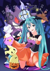  absurdres bare_shoulders blush chandelure commentary crossover detached_sleeves drifloon eringi_(eringi_original) eyelashes female gastly gengar green_eyes green_hair halloween hatsune_miku head_tilt highres kneeling litwick long_hair looking_at_viewer md5_mismatch mimikyu open_mouth orange_skirt pokemon pokemon_(creature) pumpkaboo skirt smile teeth tongue twintails upper_teeth_only vocaloid 