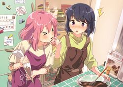  &gt;_&lt; 2girls ^^^ apron bag blue_hair blush bowl can chocolate chocolate_making chocolate_on_hand closed_eyes commentary food food_on_hand highres holding_pastry_bag hotaru_iori ichimi_renge indoors kagamihara_nadeshiko kitchen licking licking_finger looking_at_another magazine_(object) magnet mixing_bowl muffin multiple_girls open_mouth overalls pastry_bag pink_hair purple_eyes refrigerator refrigerator_magnet second-party_source shima_rin shirt short_hair sticky_note surprised sweat tasting valentine whisk yuri yurucamp 