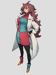  android_21 checkered_clothes checkered_dress closed_eyes commentary_request dragon_ball dragon_ball_fighterz dress earrings female full_body glasses grey_background hoop_earrings jewelry kemachiku lab_coat long_hair pantyhose red_hair red_ribbon_army simple_background solo standing 