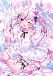  ;d blush bow bridal_gauntlets commentary dress female frilled_dress frills gloves grey_hair guild_cq hairbow highres holding holding_needle intravenous_drip kurenagi_eri long_hair mata multicolored_hair needle one_eye_closed open_mouth pink_eyes pink_hair smile solo streaked_hair symbol-only_commentary twintails virtual_youtuber white_bow white_dress white_footwear white_gloves 