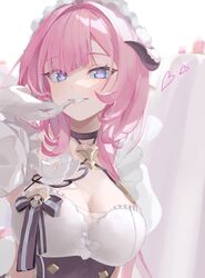  biting black_choker blue_eyes breasts choker cleavage cleavage_cutout clothing_cutout commentary cropped elysia_(honkai_impact) elysia_(miss_pink_elf)_(honkai_impact) female glove_biting gloves heart highres honkai_(series) honkai_impact_3rd large_breasts looking_at_viewer maid_headdress medium_hair meme official_alternate_costume parted_lips pink_hair pointy_ears roena simple_background smile solo symbol-only_commentary twitter_rabbit_ears_(meme) upper_body white_background white_gloves 