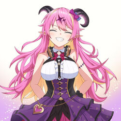  absurdres arm_strap asymmetrical_horns bare_shoulders blonde_hair bow bowtie breasts chest_harness closed_eyes commentary_request demon_girl demon_horns facing_viewer female grin hair_ornament harness headphones headphones_around_neck heart highres hololive horn_bow horn_ornament horns long_hair mano_aloe multicolored_hair pink_bow pink_bowtie pink_hair pointy_ears semeto_(a2439x) shirt skirt sleeveless sleeveless_shirt smile solo teeth two-tone_hair uneven_horns virtual_youtuber white_shirt wing_collar wrist_cuffs 