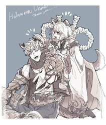  1boy 4110ring abs animal_costume animal_ears bare_shoulders black_tank_top clothing_cutout cropped_jacket cross-laced_clothes cross-laced_cutout cross-laced_slit cross-laced_top detached_sleeves dog_ears erune female fox_ears full_body fur_collar granblue_fantasy hair_ornament halloween_costume jacket japanese_clothes kemonomimi_mode knee_pads monochrome off_shoulder official_alternate_costume open_clothes open_jacket open_mouth orange_jacket pants paw_pose pectoral_cleavage pectorals rope shimenawa shirt short_hair single_bare_shoulder sitting smile tail tank_top toned toned_male torn_clothes torn_shirt vajra_(granblue_fantasy) vane_(granblue_fantasy) vane_(halloween)_(granblue_fantasy) wide_sleeves wolf_boy wolf_costume wolf_ears wolf_paws wolf_tail 