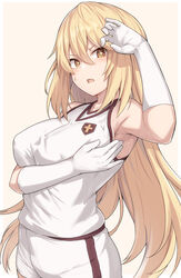  armpits bare_shoulders blonde_hair blush breasts bright_pupils brown_eyes commentary emblem female gloves gym_shirt gym_shorts gym_uniform hair_between_eyes hand_up large_breasts light_brown_background long_hair looking_at_viewer open_mouth parted_lips school_emblem shirt shiseki_hirame shokuhou_misaki short_shorts shorts simple_background sleeveless sleeveless_shirt solo sparkling_eyes star-shaped_pupils star_(symbol) sweat sweatdrop symbol-shaped_pupils toaru_kagaku_no_railgun toaru_kagaku_no_railgun_t toaru_majutsu_no_index tokiwadai_school_gym_uniform very_long_hair white_gloves white_shirt white_shorts yellow_pupils 