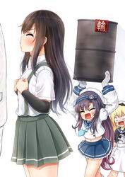  1boy 3girls anger_vein angry arm_warmers asashio_(kancolle) black_hair blonde_hair blue_neckerchief blue_ribbon blue_sailor_collar blue_skirt closed_eyes comiching commentary_request dress dress_shirt drum_(container) gloves gradient_hair grey_skirt hat highres imminent_kiss jervis_(kancolle) kantai_collection kneehighs long_hair long_sleeves matsuwa_(kancolle) multicolored_hair multiple_girls navel neckerchief pleated_skirt purple_hair rectangular_mouth ribbon sailor_collar sailor_dress sailor_hat school_uniform serafuku shirt short_sleeves simple_background skirt socks suspender_skirt suspenders white_background white_dress white_gloves white_headwear white_legwear white_shirt 