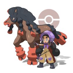  bag black_footwear black_hair bonnet boots brown_jumpsuit commentary_request eyelashes female gloves grey_eyes hapu_(pokemon) highres jumpsuit long_hair mudsdale official_style open_mouth outstretched_arms poke_ball_symbol pokemon pokemon_(creature) pokemon_sm purple_bag purple_headwear short_sleeves standing tellzeta thick_eyebrows tongue twintails very_long_hair white_background 