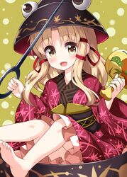  :d bare_legs barefoot black_hat blonde_hair blush bowl bowl_hat commentary_request cosplay dotted_background feet female foot_out_of_frame frilled_kimono frills green_background hat highres holding holding_mallet holding_sword holding_weapon japanese_clothes kimono long_sleeves looking_at_viewer mallet medium_hair miracle_mallet moriya_suwako needle_sword open_mouth red_kimono ruu_(tksymkw) sash sidelocks sitting smile soles solo sukuna_shinmyoumaru sukuna_shinmyoumaru_(cosplay) sword toes touhou weapon wide_sleeves yellow_eyes 