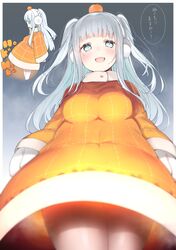  :d blue_eyes blue_hair blurry blurry_foreground blush border breasts commentary cropped_legs dot_nose dress earmuffs female food food_on_head from_below fruit fruit_on_head glowing highres kotatsu large_breasts long_hair long_sleeves looking_at_viewer looking_down mandarin_orange mittens multiple_views nekoume object_on_head open_mouth orange_dress original pantyhose personification smile standing table translated two_side_up white_border white_mittens 