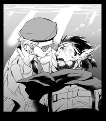  2boys air_bubble beret border bubble coat collared_shirt commentary_request couple eye_contact eyepatch facial_hair greyscale hat kazuhira_miller looking_at_another male_focus metal_gear_(series) metal_gear_solid_v:_the_phantom_pain monochrome multiple_boys necktie parted_lips ponytail scar scar_across_eye scar_on_cheek scar_on_face shirt smile sodayabp sunglasses underwater venom_snake yaoi 