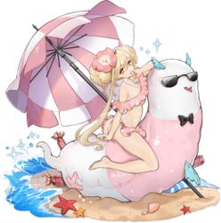  ark_order ass bare_legs bare_shoulders beach beach_umbrella bikini black_bow black_bowtie blonde_hair bow bowtie breasts can cola coral covering_own_mouth double_bun female frilled_bikini frills hair_bun jormungandr_(ark_order) long_hair mole mole_under_eye official_alternate_costume official_art pink_bikini saliva sand shell shenq sidelocks solo sparkle starfish sunglasses swimsuit transparent_background umbrella very_long_hair water wet yellow_eyes 