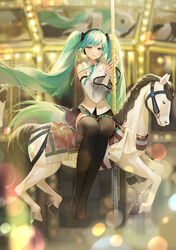  absurdres ahoge aqua_hair aqua_ribbon bare_shoulders black_skirt black_thighhighs blue_hair blurry blurry_background bokeh carousel commentary depth_of_field detached_sleeves eso_(toory) female full_body hands_up hatsune_miku hatsune_miku_(nt) headphones highres long_hair long_sleeves looking_at_viewer miniskirt neck_ribbon parted_lips piapro pleated_skirt ribbon shirt sitting skirt solo thighhighs twintails very_long_hair vocaloid white_shirt 