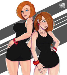  2girls absurdres ann_possible artist_name black_dress blue_eyes blush bracelet breasts cleavage dated dress earrings freckles g4qs green_eyes hair_over_one_eye hand_on_own_hip highres jewelry kim_possible kim_possible_(series) large_breasts looking_at_viewer medium_breasts medium_hair mother_and_daughter multiple_girls no_legwear orange_hair short_dress watermark 