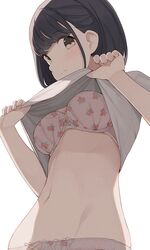  black_hair blush bob_cut bow bow_bra bow_panties bra breasts brown_eyes closed_mouth clothes_lift female food_print hands_up highres hiroki_(yyqw7151) lifting_own_clothes looking_at_viewer medium_breasts navel original panties pink_bra pink_panties print_panties shirt shirt_lift short_sleeves simple_background solo stomach strawberry_bra strawberry_panties strawberry_print t-shirt underwear white_background white_shirt 