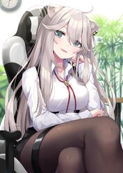  ahoge animal_ears black_pantyhose black_skirt bolo_tie breasts clothes_lift collared_shirt dress_shirt ear_piercing feet_out_of_frame female grey_eyes grey_hair hair_between_eyes hair_flaps head_rest highres hololive hototogisu_(hot_to_gis) large_breasts lion_ears lion_girl long_hair long_sleeves looking_at_viewer miniskirt oerba_yun_fang official_alternate_costume official_alternate_hairstyle pantyhose parted_lips pencil_skirt piercing shirt shishiro_botan shishiro_botan_(button-down) sitting skirt smile solo thigh_strap thighs vest virtual_youtuber white_shirt 