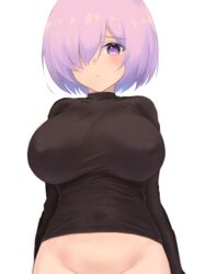  arms_at_sides arms_behind_back bad_id bad_pixiv_id black_sweater blush bottomless breasts closed_mouth commentary covered_navel covered_nipples fate/grand_order fate_(series) female from_below groin hair_over_one_eye handa_guryu highres large_breasts light_frown long_sleeves looking_at_viewer mash_kyrielight medium_hair one_eye_covered purple_eyes purple_hair simple_background solo sweater taut_clothes taut_sweater tight_clothes turtleneck turtleneck_sweater upper_body white_background 