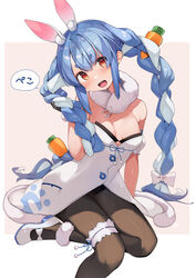  :d absurdres animal_ear_fluff animal_ears black_pantyhose blue_hair blush bow braid breasts bridal_garter carrot_hair_ornament don-chan_(usada_pekora) female food-themed_hair_ornament fur_scarf hair_ornament hairbow highres hololive long_hair looking_at_viewer medium_breasts multicolored_hair open_mouth pantyhose rabbit_ears rabbit_girl red_eyes shin_no_tenpii sitting smile solo thick_eyebrows twin_braids twintails two-tone_hair usada_pekora usada_pekora_(1st_costume) virtual_youtuber white_bow white_hair 