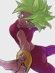  aqua_eyes arm_at_side ass back bare_arms blue_eyes bracelet breasts commentary_request crop_top cropped_legs dragon_ball dragon_ball_super dynamic_pose earrings eyelashes female fingernails floating foreshortening from_above from_side green_hair grey_background imminent_punch incoming_attack incoming_punch jewelry kefla_(dragon_ball) kemachiku leggings legs_apart looking_to_the_side medium_hair messy_hair open_hand open_mouth pants pink_pants potara_earrings punching simple_background solo spiked_hair sportswear super_saiyan teeth 