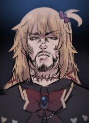  1boy absurdres akai_haato akai_haato_(gothic_lolita) beard blonde_hair blue_eyes blurry english_commentary facial_hair from_below genderswap_(ftm) hair_ornament heart heart_hair_ornament highres hinghoi hololive long_hair looking_down male_focus manly rule_63 scar scar_on_neck solo virtual_youtuber 