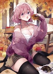  absurdres alternate_costume apple bare_shoulders black_thighhighs blush breasts brown_skirt buttons cleavage commentary_request doughnut dress fate/grand_order fate_(series) female food fruit hair_between_eyes highres holding holding_food leaf light_purple_hair long_sleeves looking_at_viewer mash_kyrielight medium_breasts miniskirt misaki346 no_shoes off_shoulder open_mouth pink_sweater plaid plaid_skirt pumpkin purple_eyes short_hair sitting skirt sleeveless sleeveless_dress sleeves_past_wrists solo sweater thighhighs tree wariza white_dress 