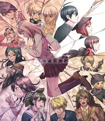  6+boys 6+girls :d absurdres ahoge akamatsu_kaede amami_rantaro anniversary antenna_hair backpack bag black_hair blonde_hair blue_choker blush_stickers brown_footwear brown_hair brown_jacket chabashira_tenko choker closed_eyes collarbone commentary copyright_name danganronpa_(series) danganronpa_v3:_killing_harmony facial_hair from_side glasses goatee goggles goggles_on_head gokuhara_gonta green_eyes green_hair hair_ornament hair_scrunchie hand_up hands_up happy harukawa_maki hat highres hoshi_ryoma index_finger_raised iruma_miu jacket jewelry k1-b0 kneehighs long_hair momota_kaito multiple_boys multiple_girls musical_note musical_note_hair_ornament oma_kokichi open_mouth own_hands_clasped own_hands_together pink_shirt pink_sweater_vest pink_vest pleated_skirt profile randoseru red_scrunchie red_shirt round_eyewear saihara_shuichi sanmian_(chidarakeno) school_uniform scrunchie shinguji_korekiyo shirogane_tsumugi shirt shoes short_hair skirt smile socks spoilers striped_clothes striped_jacket striped_shirt sweater_vest teeth tojo_kirumi twintails upper_teeth_only vest white_jacket white_shirt yonaga_angie yumeno_himiko 